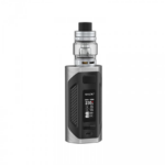 Silver and black vape device with digital display and tank.