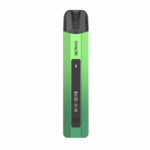 Green vape pen with digital display and black mouthpiece.