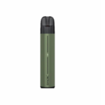 Green vape pen with black mouthpiece, standing upright.