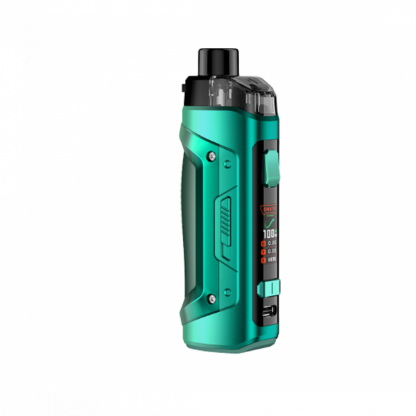 An image of the Geekvape B100 vape kit in bottle green color, noting that the battery is not included.