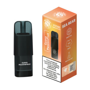 Guava Passionfruit vape pod next to Sea Bear packaging.