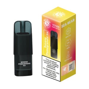 Vape device and packaging labeled "Banana Pomegranate Ice" flavor.