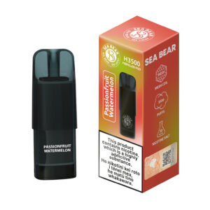 Black vape device with passionfruit watermelon flavor, next to its colorful packaging.