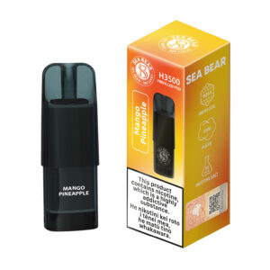 Black vape device with "Mango Pineapple" label, next to colorful packaging.