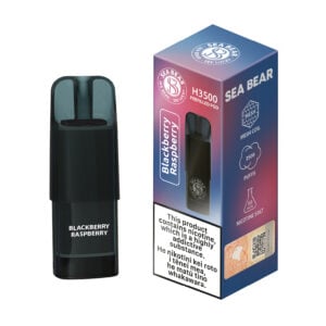 Blackberry Raspberry vape device and packaging with health warning label.