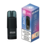Blue sour raspberry vape device and packaging with product details.