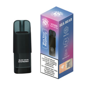 Blue sour raspberry vape device and packaging with product details.