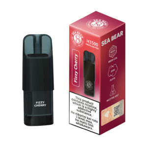 Black vape device and its packaging with "Fizzy Cherry" flavor label.