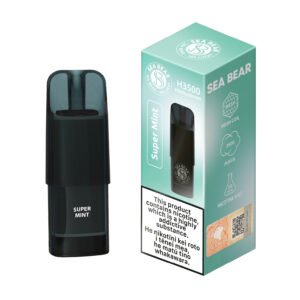 Vape device and packaging labeled "Super Mint" and "Sea Bear."