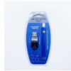 Blue USB battery charger and pen in plastic packaging.