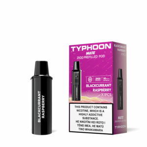 Blackcurrant Raspberry Typhoon vape kit with bottle, device, and box packaging.