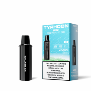 Black Ice Menthol vape device beside Typhoon Matte packaging.