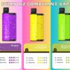 Three colorful compliant vape devices in grape, pineapple, and strawberry watermelon flavors.