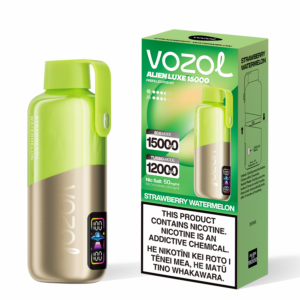 Green and beige vape device with matching box displaying product details.