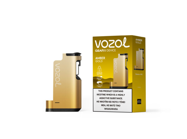 A scaled image of an Amber Gold vape product with a child safety lock and nicotine warning.
