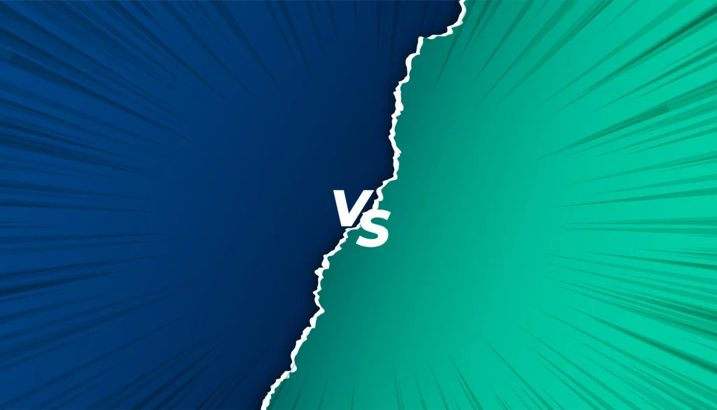 Blue and green split background with “VS” centered.