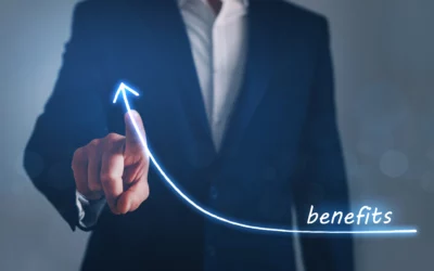 Person in suit pointing at upward arrow labeled "benefits."