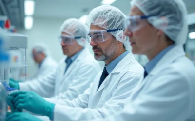 Scientists in lab coats and safety gear working in a laboratory.