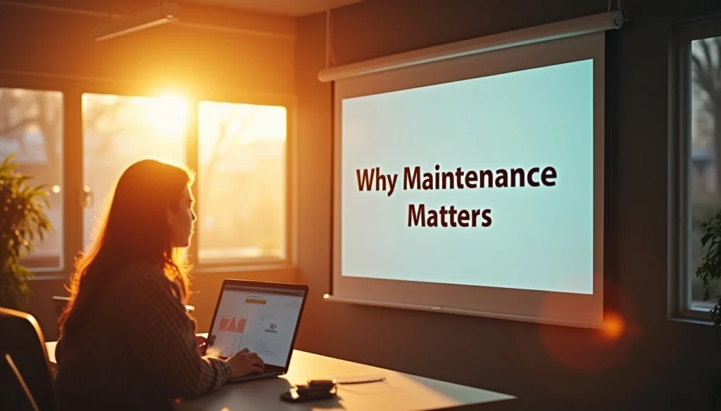 Person viewing "Why Maintenance Matters" presentation on screen in sunlit room.