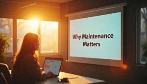 Person viewing "Why Maintenance Matters" presentation on screen in sunlit room.
