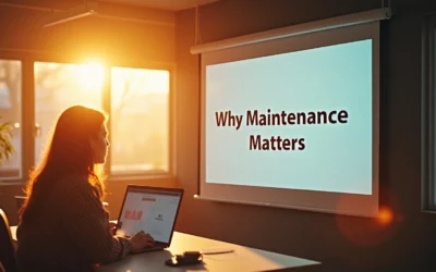 Person viewing "Why Maintenance Matters" presentation on screen in sunlit room.