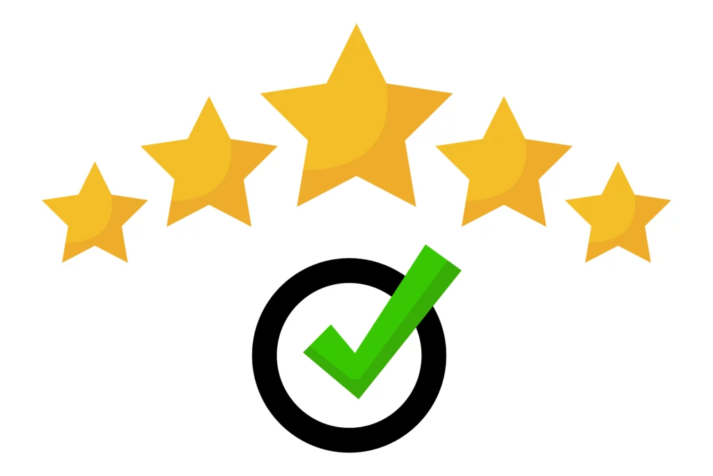 Five stars above a green checkmark in a black circle.