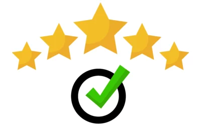 Five stars above a green checkmark in a black circle.